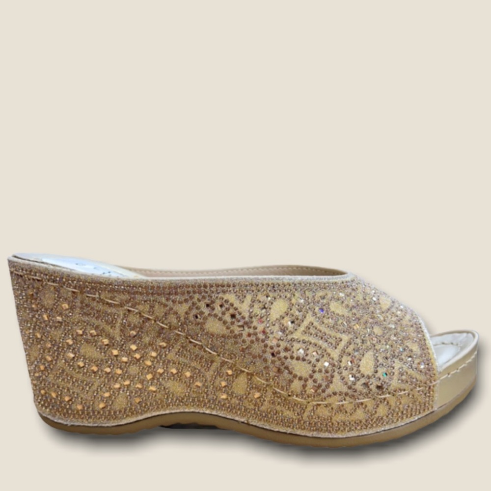 Selling Fast! Italina Gold Rhinestone Embellished Wedding Shoe or Dressy Wedge - Picture 8 of 11